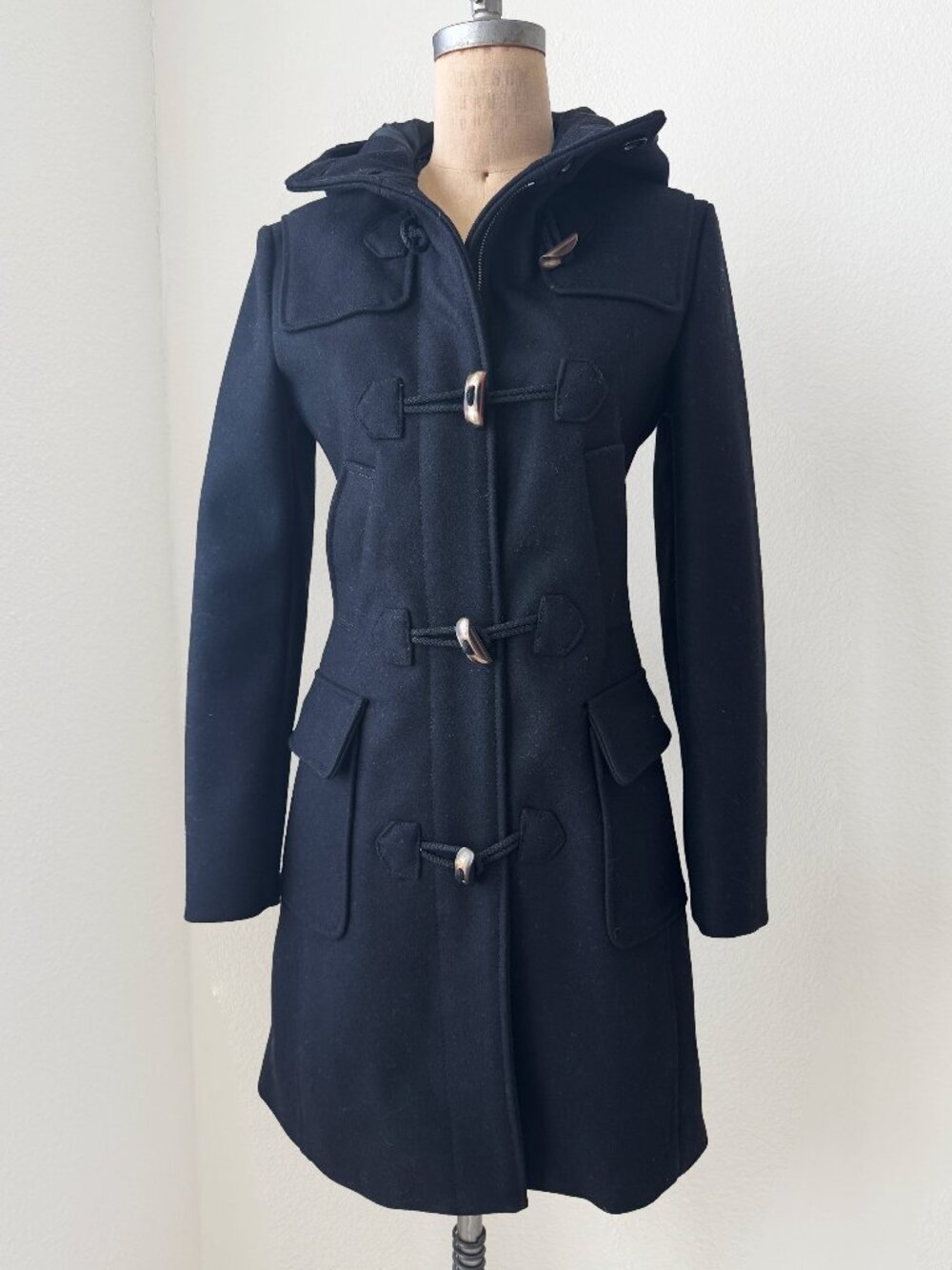 Benetton Black Wool Hooded Duffle Coat Toggle Womens 40